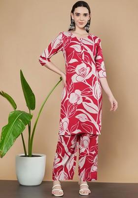 Red Embroidered Poly Blended Kurta Sets