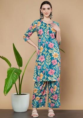 Turquoise Blue Embroidered Poly Blended Kurta Sets