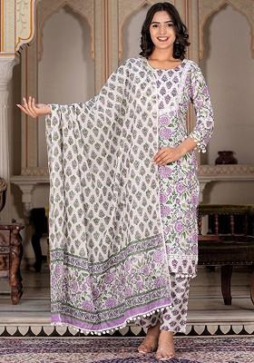 Purple Embroidered Poly Blended Kurta Sets