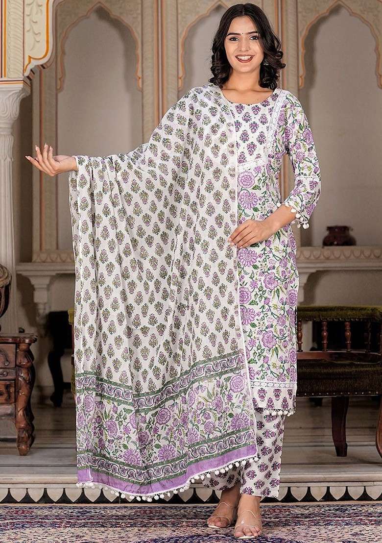 Purple Embroidered Poly Blended Kurta Sets - Indya