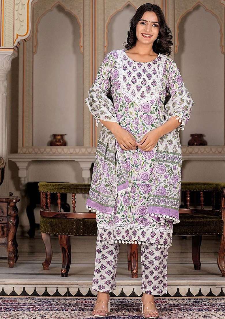 Purple Embroidered Poly Blended Kurta Sets - Indya