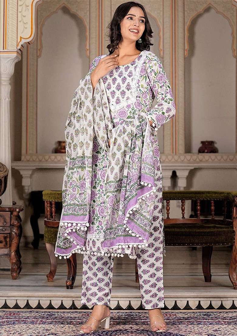 Purple Embroidered Poly Blended Kurta Sets - Indya