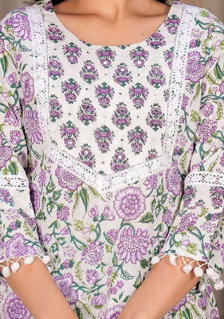 Purple Embroidered Poly Blended Kurta Sets - Indya