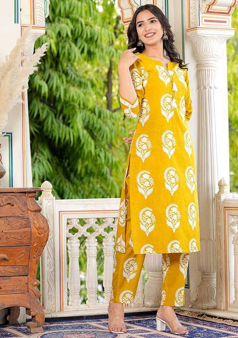 Yellow Embroidered Poly Blended Kurta Sets - Indya