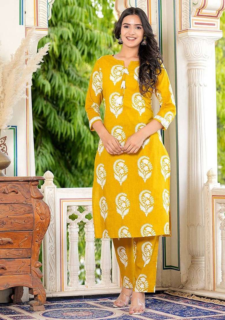 Yellow Embroidered Poly Blended Kurta Sets - Indya