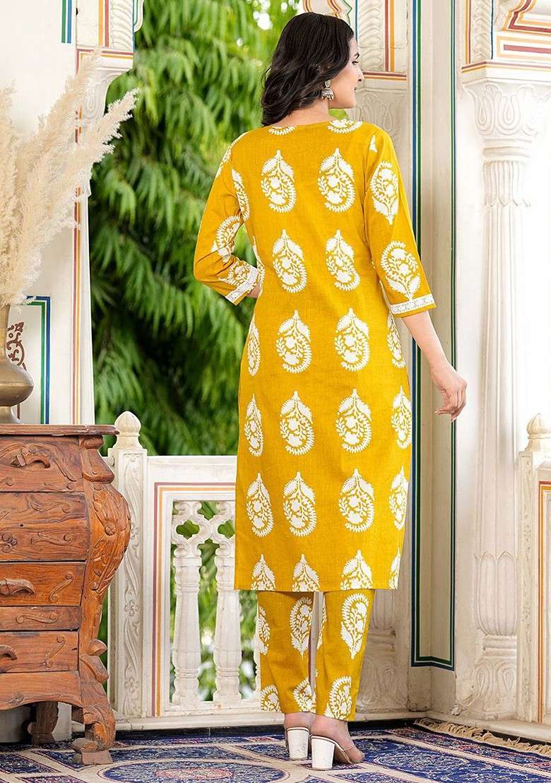 Yellow Embroidered Poly Blended Kurta Sets - Indya