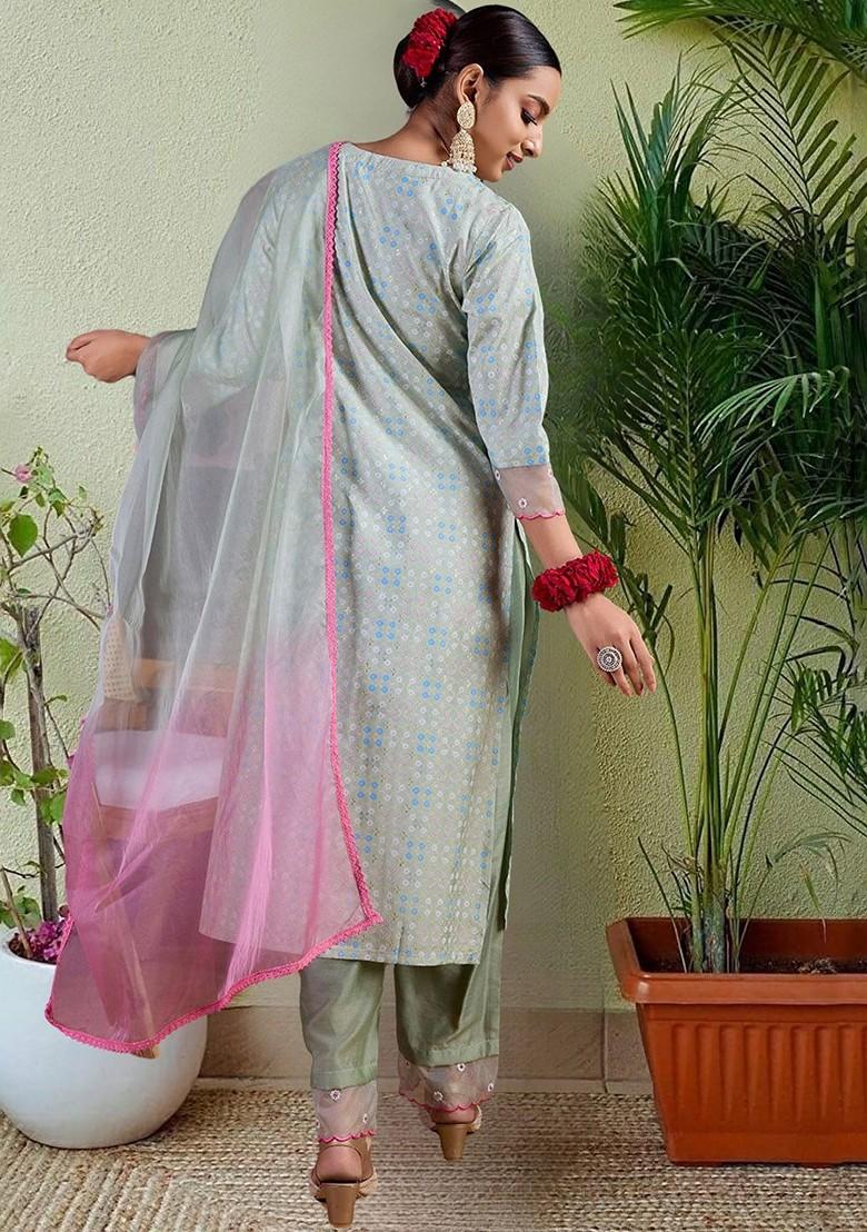 Green Embroidered Poly Blended Kurta Sets - Indya