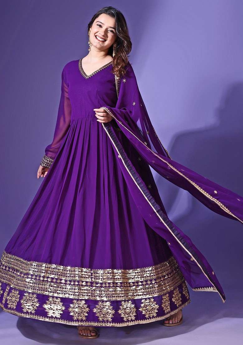 Purple Embroidered Poly Blended Kurta Sets - Indya