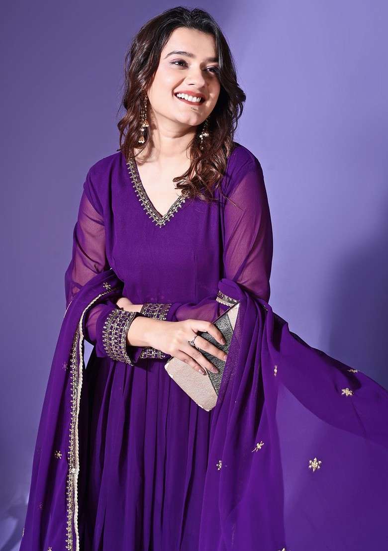 Purple Embroidered Poly Blended Kurta Sets - Indya