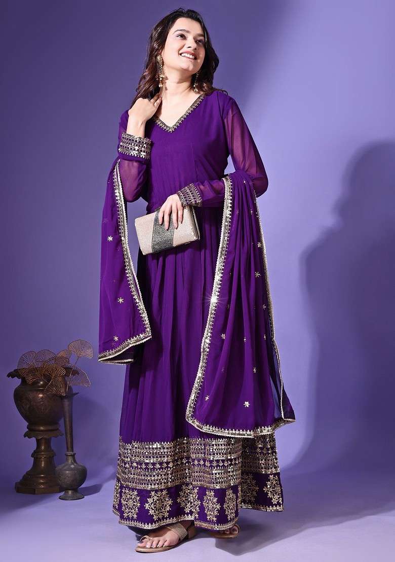 Purple Embroidered Poly Blended Kurta Sets - Indya