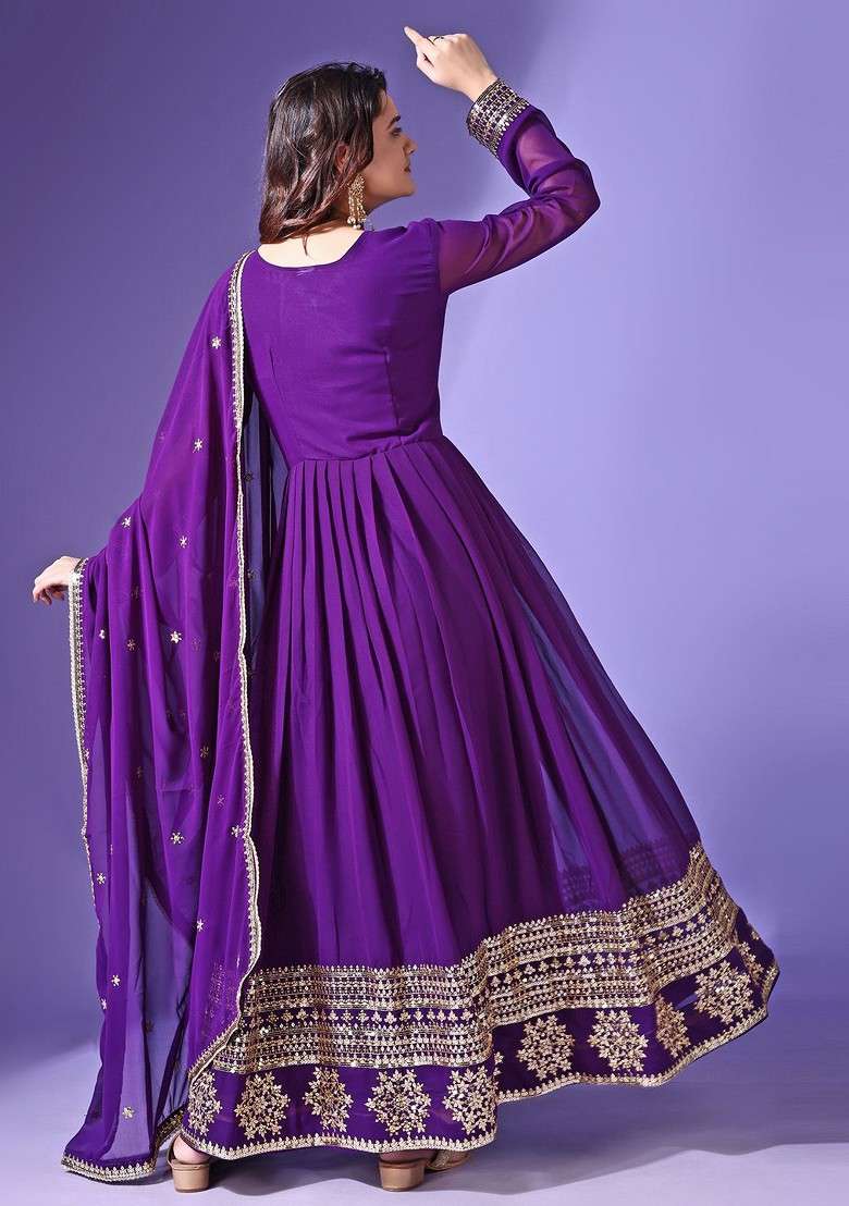 Purple Embroidered Poly Blended Kurta Sets - Indya