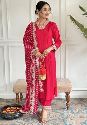 Red Embroidered Poly Blended Kurta Sets