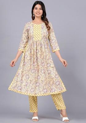 Yellow Embroidered Poly Blended Kurta Sets