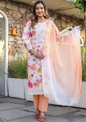 Orange Embroidered Poly Blended Kurta Sets