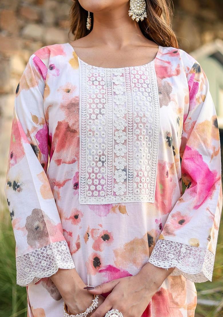 Orange Embroidered Poly Blended Kurta Sets - Indya