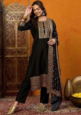 Black Embroidered Poly Blended Kurta Sets
