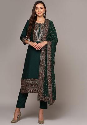 Green Embroidered Poly Blended Kurta Sets