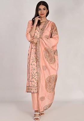 Peach Embroidered Poly Blended Kurta Sets