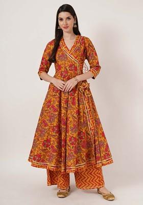 Orange Embroidered Poly Blended Kurta Sets
