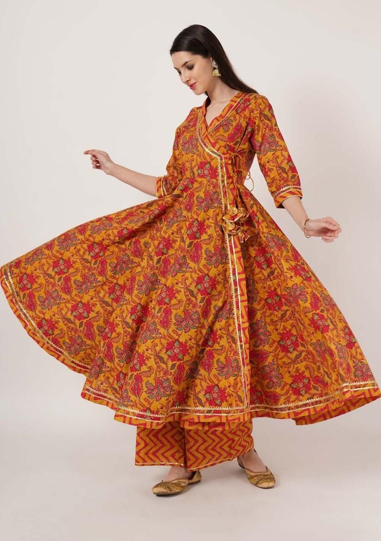 Orange Embroidered Poly Blended Kurta Sets - Indya