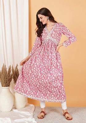 Pink Embroidered Poly Blended Kurtas
