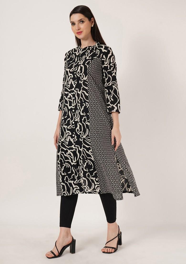 Black Embroidered Poly Blended Kurtas - Indya