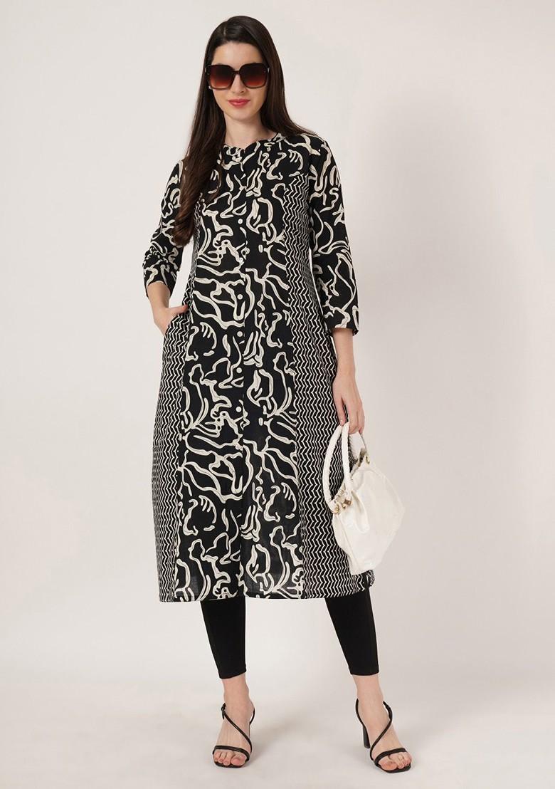 Black Embroidered Poly Blended Kurtas - Indya