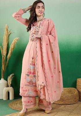 Pink Embroidered Poly Blended Kurta Sets