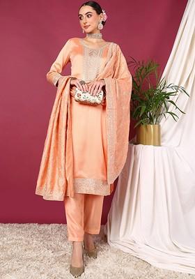 Peach Embroidered Poly Blended Kurta Sets