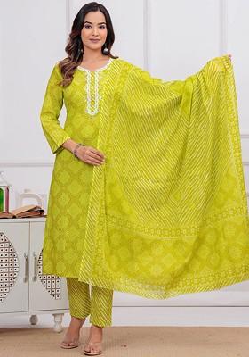 Green Embroidered Poly Blended Kurta Sets