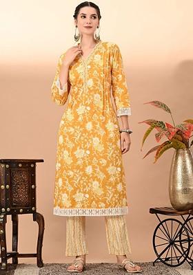 Mustard Embroidered Poly Blended Kurta Sets