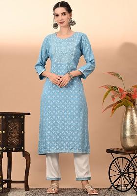 Blue Embroidered Poly Blended Kurta Sets