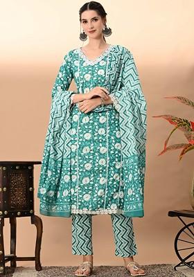 Blue Embroidered Poly Blended Kurta Sets