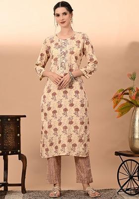Cream Embroidered Poly Blended Kurta Sets