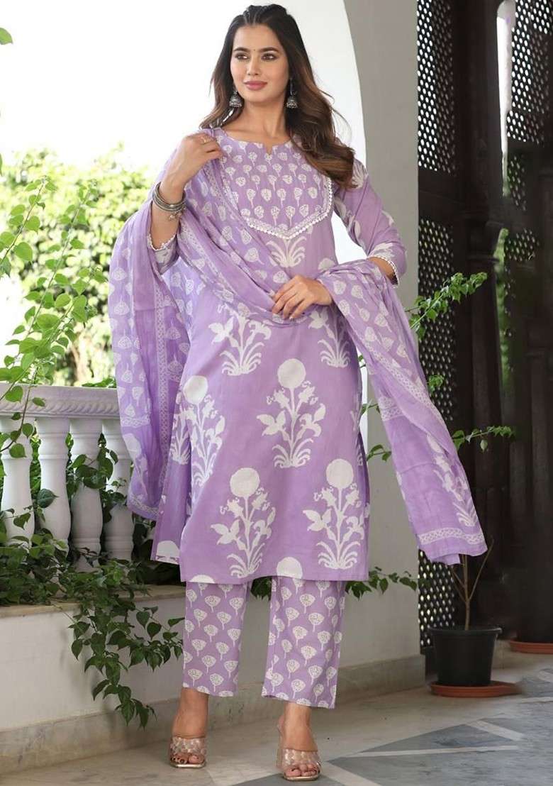 Lavender Embroidered Poly Blended Kurta Sets - Indya
