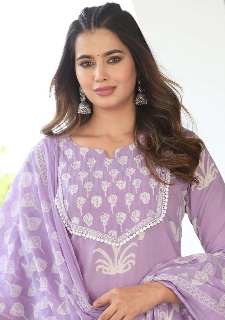 Lavender Embroidered Poly Blended Kurta Sets - Indya
