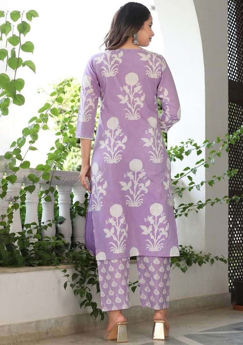 Lavender Embroidered Poly Blended Kurta Sets - Indya