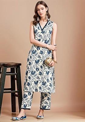 Off White Embroidered Poly Blended Kurta Sets