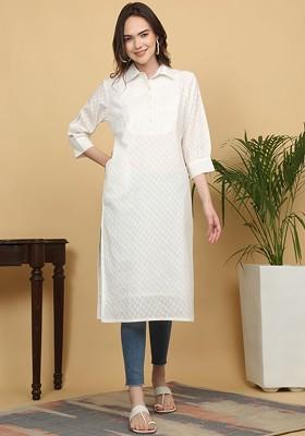 Off White Embroidered Poly Blended Kurtas
