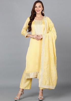 Yellow Embroidered Poly Blended Kurta Sets