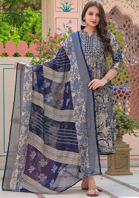 Navy Blue Embroidered Poly Blended Kurta Sets