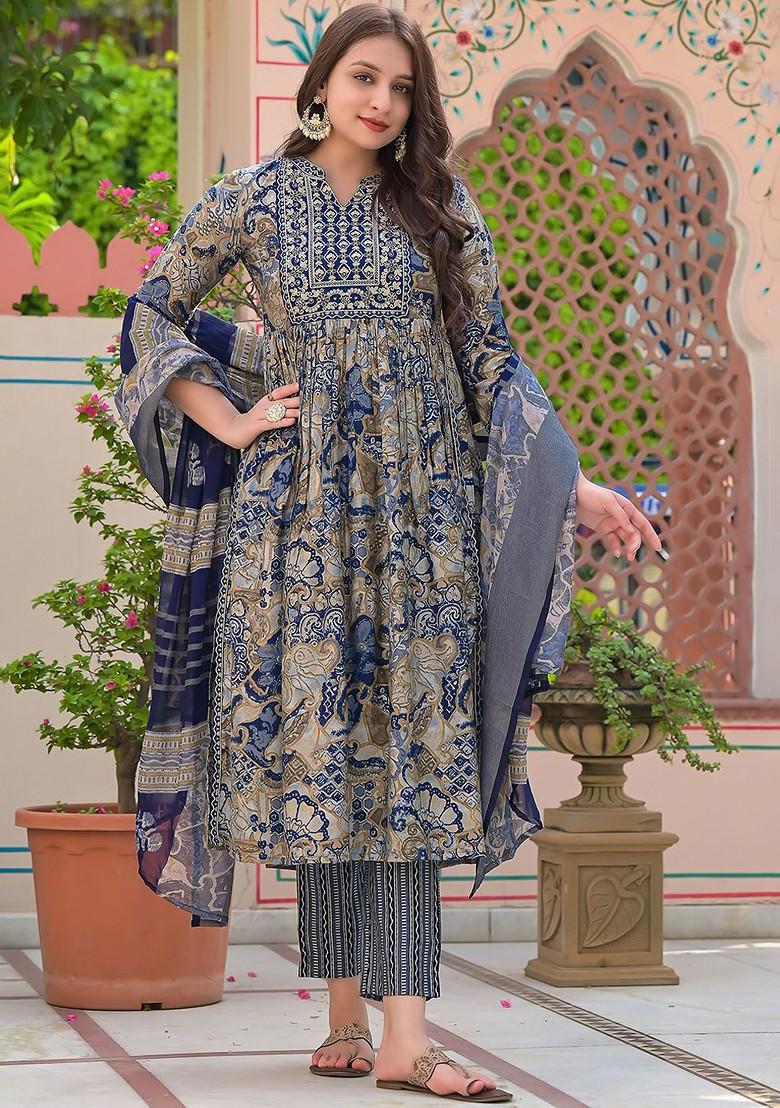Navy Blue Embroidered Poly Blended Kurta Sets - Indya