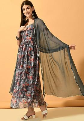 Grey Embroidered Poly Blended Kurtas