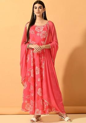 Pink Embroidered Poly Blended Kurtas