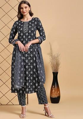 Black Embroidered Poly Blended Kurta Sets
