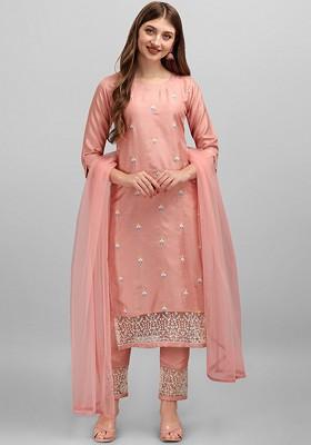 Peach Embroidered Poly Blended Kurta Sets