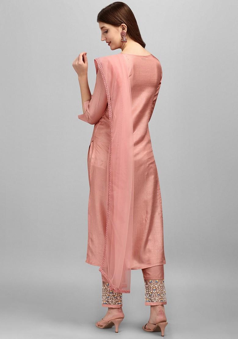Peach Embroidered Poly Blended Kurta Sets - Indya