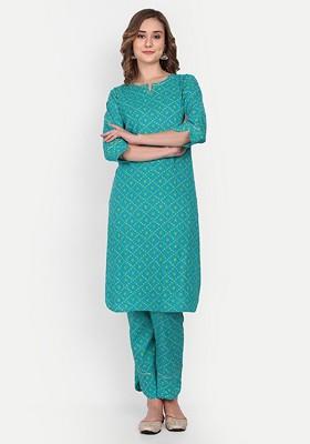 Turquoise Blue Embroidered Poly Blended Kurta Sets
