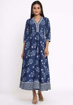 Navy Blue Embroidered Poly Blended Kurtas