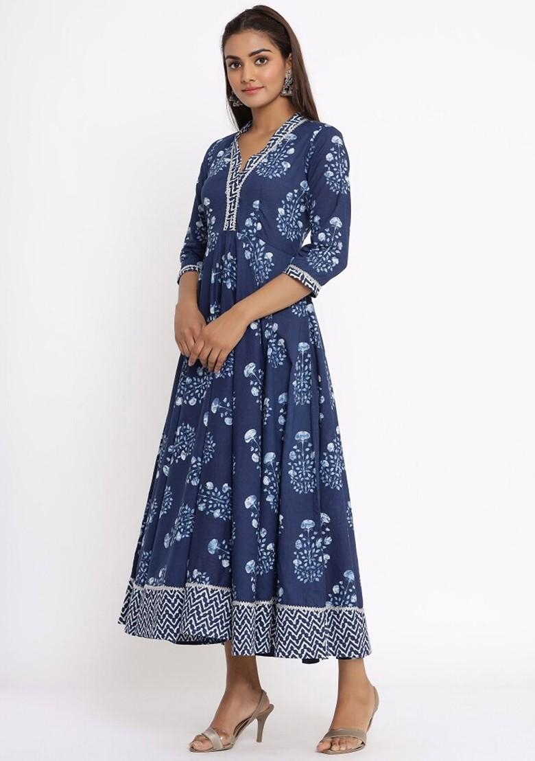 Navy Blue Embroidered Poly Blended Kurtas - Indya
